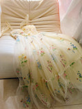 Cute Straps A-Line Tulle Floral Long Prom Dresses, Pale Yellow Formal Evening Dresses HZ1121
