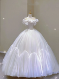 Classy Elegant Ball Gown Off The Shoulder White Long Satin Wedding Dresses Brides Dress HZ1121