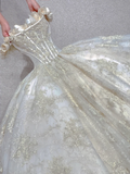 Pretty Ball Gown Strapless Sleeveless Long Lace Tulle Prom Dresses Evening Dresses HZ1121