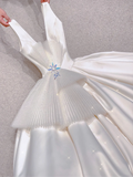 Unique Ball Gown V Neckline White Long Satin Wedding Dresses Brides Dress HZ1121