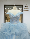 Cute Off Shoulder Ball Gowns Pale Blue Tulle Beaded Long Quinceanera Dress Formal Gowns Vestido De 15 Anos Sweet 16 Dress HZ1121