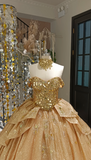 Cute Off-the-shoulder Ball Gown Sequins Long Prom Dresses Gold Quinceanera Dresses estido De 15 Anos Sweet 16 Dress HZ1121