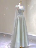 Pretty A Line Scoop Sleeveless Long Beads Tulle Prom Dresses Evening Dresses HZ1121