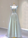 Pretty A Line Scoop Sleeveless Long Beads Tulle Prom Dresses Evening Dresses HZ1121