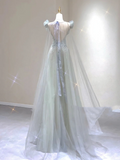 Pretty A Line Scoop Sleeveless Long Beads Tulle Prom Dresses Evening Dresses HZ1121