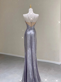 Pretty Sheath Halter Sleeveless Long Silver Gray Sequin Prom Dresses Evening Dresses HZ1121