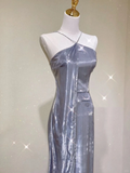 Pretty Sheath Halter Sleeveless Long Silver Gray Sequin Prom Dresses Evening Dresses HZ1121