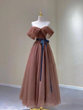 Pretty A line Off The Shoulder Brown Tulle Long Prom Dresses Evening Dresses HZ1121