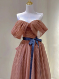 Pretty A line Off The Shoulder Brown Tulle Long Prom Dresses Evening Dresses HZ1121