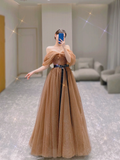 Pretty A line Off The Shoulder Brown Tulle Long Prom Dresses Evening Dresses HZ1121