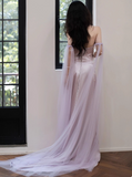 Elegant Off-the-shoulder Sheath Long Prom Dresses Satin Light Purple Evening Dresses HZ1121