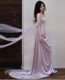 Elegant Off-the-shoulder Sheath Long Prom Dresses Satin Light Purple Evening Dresses HZ1121