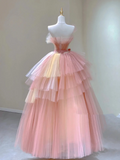 Pretty Ball Gown Strapless Pink Tulle Long Prom Dresses Evening Dresses HZ1121