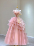 Pretty Ball Gown Strapless Pink Tulle Long Prom Dresses Evening Dresses HZ1121