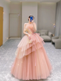 Pretty Ball Gown Strapless Pink Tulle Long Prom Dresses Evening Dresses HZ1121
