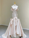 Unique Mermaid Off The Shoulder Ruffles Layers Long Satin Pink Wedding Dresses Brides Dress HZ1121