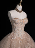 Gorgeous Strapless Ball Gown Applique Long Prom Dresses Tulle Blush Pink Sweet 16 Dresses HZ1121