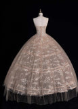Gorgeous Strapless Ball Gown Applique Long Prom Dresses Tulle Blush Pink Sweet 16 Dresses HZ1121