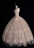 Gorgeous Strapless Ball Gown Applique Long Prom Dresses Tulle Blush Pink Sweet 16 Dresses HZ1121