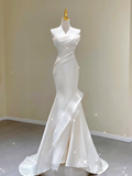 Unique Mermaid Strapless Neckline Satin Long Wedding Dresses White Brides Dress HZ1121