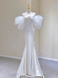 Unique Mermaid Strapless Neckline Satin With Puffy Sleeves Long Wedding Dresses White Brides Dress HZ1121