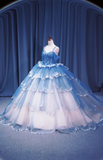 Gorgeous Off-the-Shoulder Ball Gown Tulle Long Prom Dresses Blue Quinceanera Dresses Sweet 16 Dresses HZ1121