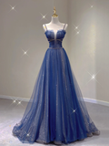 Pretty A Line Spaghetti Straps Blue Navy Blue Sleeveless Long Prom Dresses Evening Dresses HZ1121