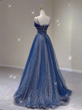 Pretty A Line Spaghetti Straps Blue Navy Blue Sleeveless Long Prom Dresses Evening Dresses HZ1121