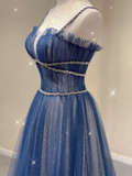 Pretty A Line Spaghetti Straps Blue Navy Blue Sleeveless Long Prom Dresses Evening Dresses HZ1121