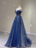 Pretty A Line Spaghetti Straps Blue Navy Blue Sleeveless Long Prom Dresses Evening Dresses HZ1121