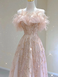 Pretty A line Off The Shoulder Sequin Pink Tulle Long Prom Dresses Evening Dresses HZ1121