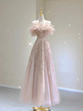 Pretty A line Off The Shoulder Sequin Pink Tulle Long Prom Dresses Evening Dresses HZ1121