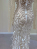 Classy Elegant Mermaid Strapless Long Sleeves Beads Feathers Satin Wedding Dresses Brides Dress HZ1121