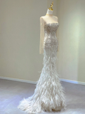Classy Elegant Mermaid Strapless Long Sleeves Beads Feathers Satin Wedding Dresses Brides Dress HZ1121