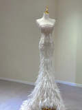 Classy Elegant Mermaid Strapless Long Sleeves Beads Feathers Satin Wedding Dresses Brides Dress HZ1121