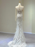 Classy Elegant Mermaid Strapless Long Sleeves Beads Feathers Satin Wedding Dresses Brides Dress HZ1121