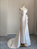Unique Mermaid Off The Shoulder Ruffles Long Satin Pink Wedding Dresses Brides Dress HZ1121