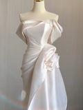 Unique Mermaid Off The Shoulder Ruffles Long Satin Pink Wedding Dresses Brides Dress HZ1121