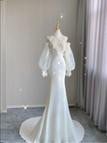 Classy Elegant Mermaid High Neckline Long Sleeves Lace Satin Wedding Dresses Brides Dress HZ1121