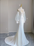Classy Elegant Mermaid High Neckline Long Sleeves Lace Satin Wedding Dresses Brides Dress HZ1121