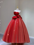 Pretty Ball Gown Strapless Red Tulle Long Prom Dresses Evening Dresses HZ1121