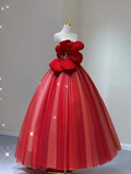 Pretty Ball Gown Strapless Red Tulle Long Prom Dresses Evening Dresses HZ1121