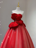 Pretty Ball Gown Strapless Red Tulle Long Prom Dresses Evening Dresses HZ1121