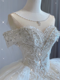 Luxury Ball Gown Scoop Neckline Long Satin Lace White Wedding Dresses Brides Dress HZ1121