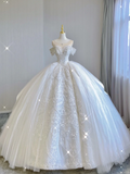 Luxury Ball Gown Scoop Neckline Long Satin Lace White Wedding Dresses Brides Dress HZ1121
