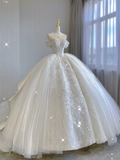 Luxury Ball Gown Scoop Neckline Long Satin Lace White Wedding Dresses Brides Dress HZ1121