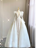 Luxury Sheath V Neckline Long Sleeves Satin Lace White Wedding Dresses Brides Dress HZ1121