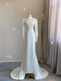 Simple Mermaid High Neckline Long Sleeves Satin White Wedding Dresses Bride Dress HZ1121