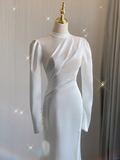 Simple Mermaid High Neckline Long Sleeves Satin White Wedding Dresses Bride Dress HZ1121