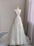 Luxury Ball Gown Scoop Neckline Long White Lace Wedding Dresses Bride Dress HZ1121